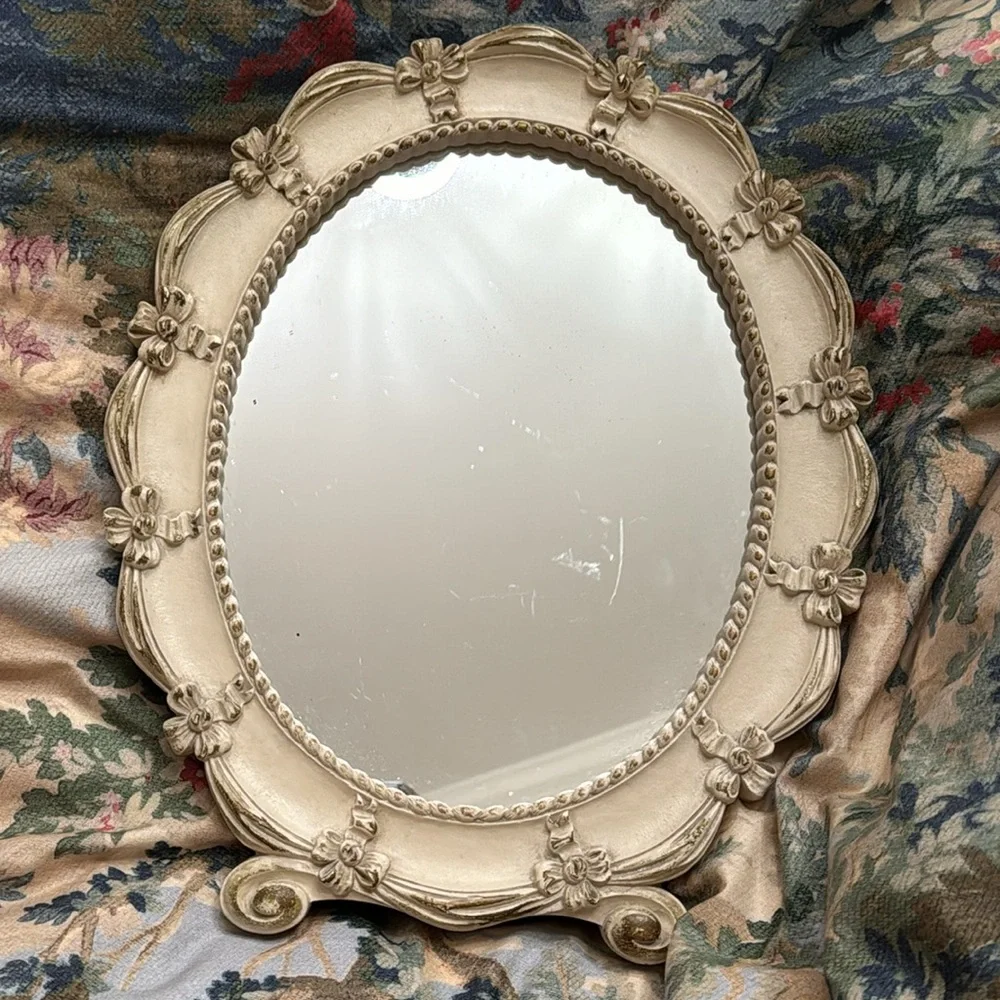 Vintage Syroco Inc Weathered Off White Easel Vanity Oval Mirrored